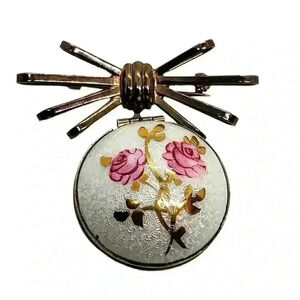 Vintage Brooch Double Locket Guilloche Roses NOS Ball & Ribbon Bow 12k Gold GE